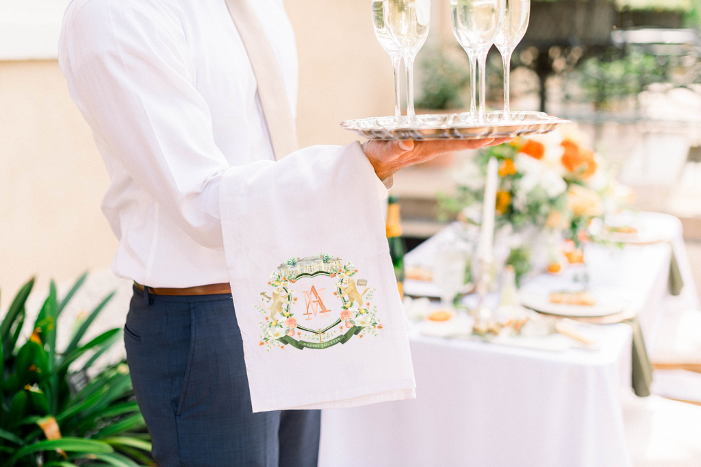 A wedding crest tea towel by The Welcoming District.