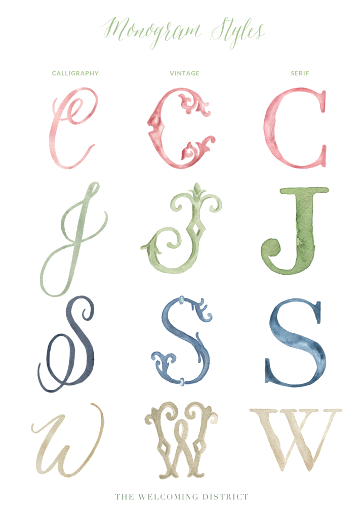 The Welcoming District offers three different styles for wedding crest monograms: calligraphy, vintage, and serif.