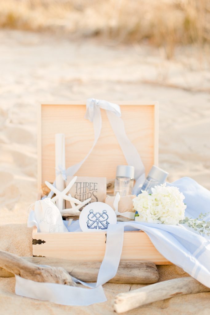 A beautiful wedding welcome gift on the sand at The Chesapeake Bay Beach Club, Stevensville, MD.
