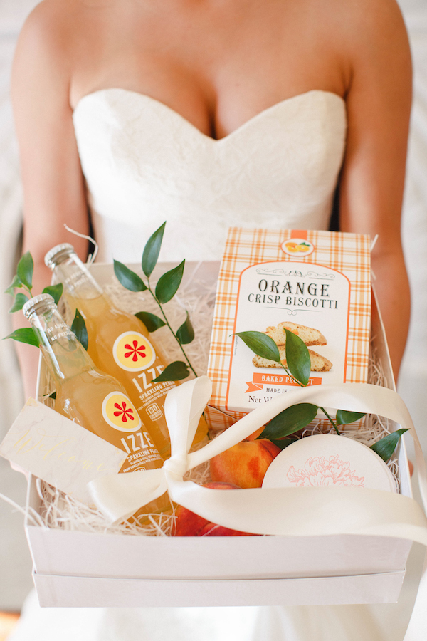 A peach wedding welcome gift designed by The Welcoming District.