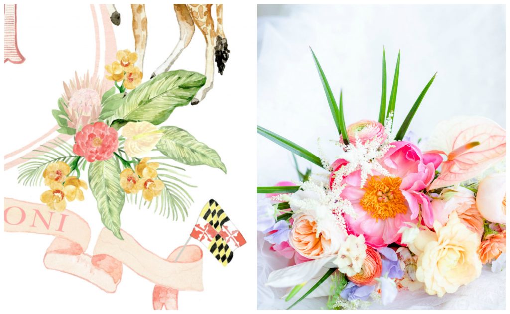 Naina's tropical floral bouquet will forever be cherished through the details on their crest!