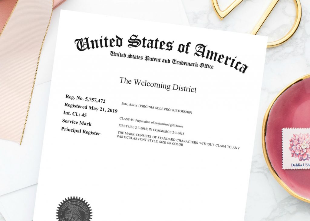 My business trademark official letter from the United States Patent and Trademark office. The Welcoming District's name is now officially registered and protected.