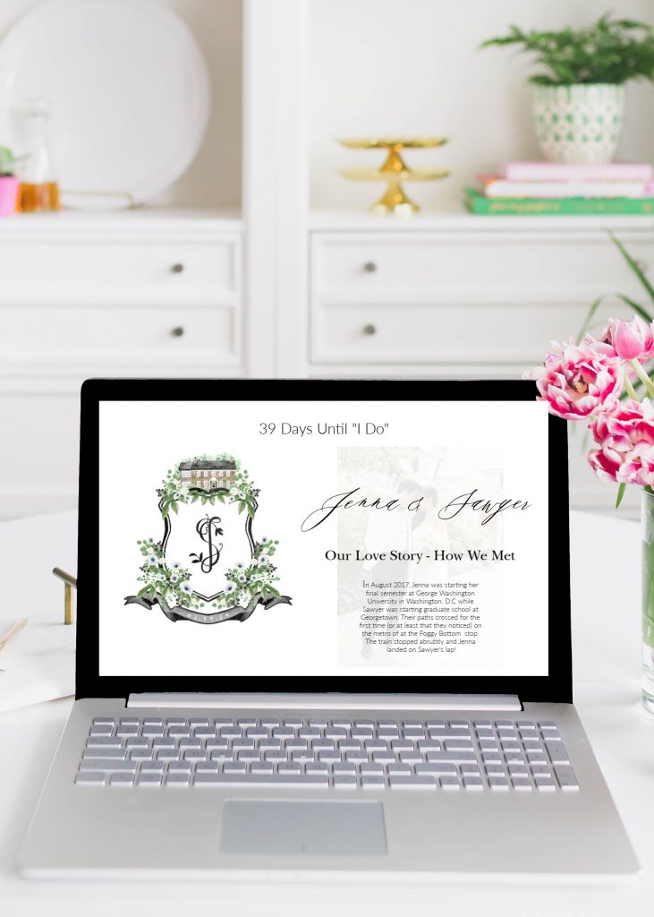 A wedding website featuring a watercolor crest painted by Alicia Betz of The Welcoming District. For more information on ways to get started visit thewelcomingdistrict.com or email alicia@thewelcomingdistrict.com.