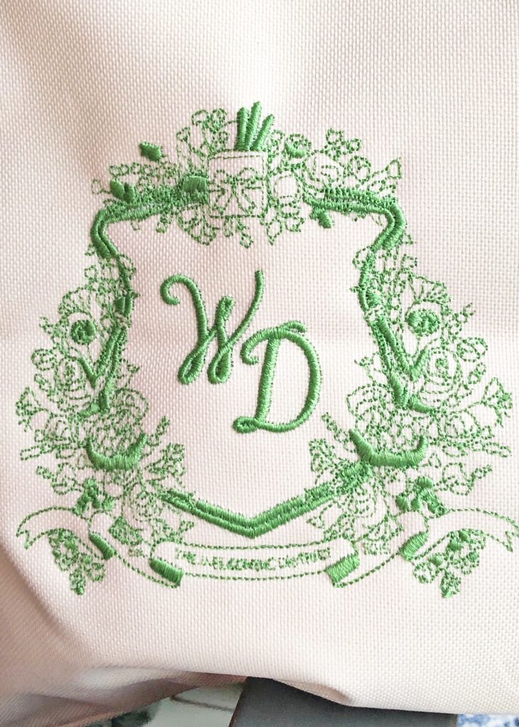 An embroidered wedding crest by Alicia Betz of The Welcoming District.