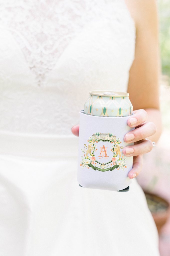 Wedding crest can coolers for a fun way to welcome your guests and gift them something meaningful. Get started on your custom watercolor crest today by visiting thewelcomingdistrict.com