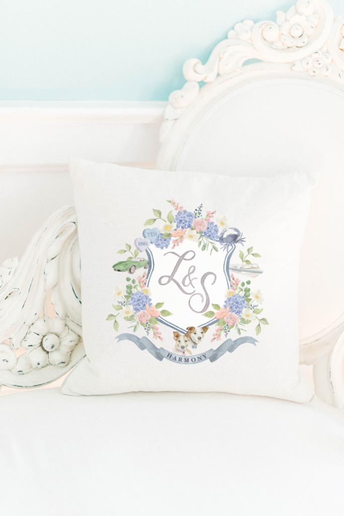 Wedding crest pillow by The Welcoming District