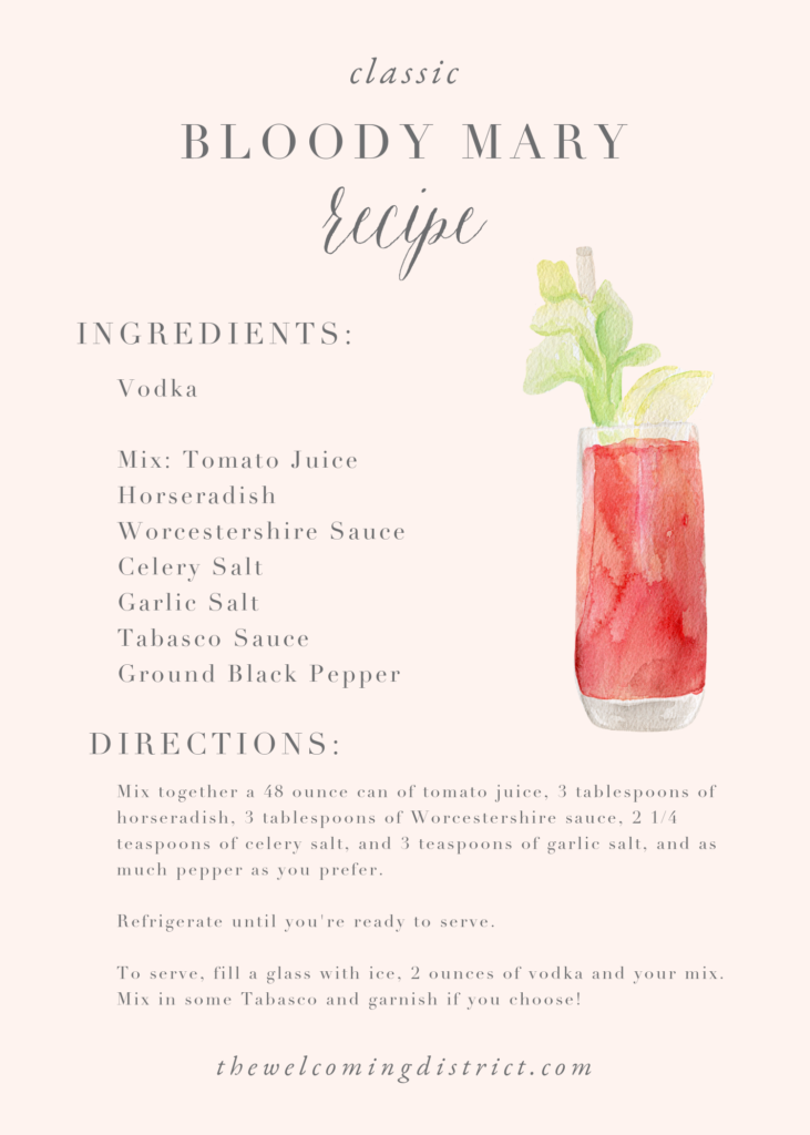 A Bloody Mary signature drink recipe by Alicia Betz of The Welcoming District.
