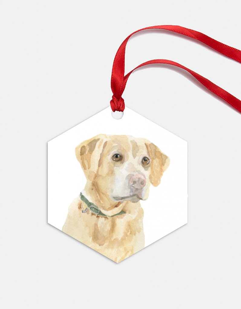 A dog portrait Christmas ornament by Alicia Betz of The Welcoming District.