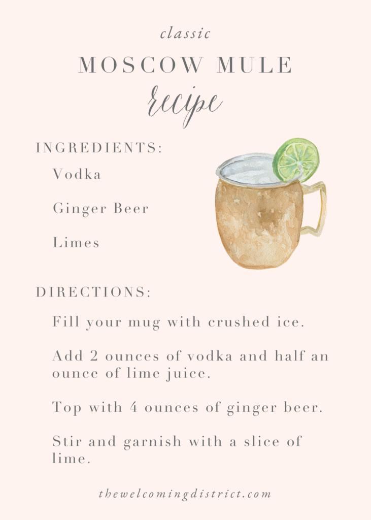 Enjoy this Moscow Mule recipe with watercolor artistry by Alicia Betz of The Welcoming District.