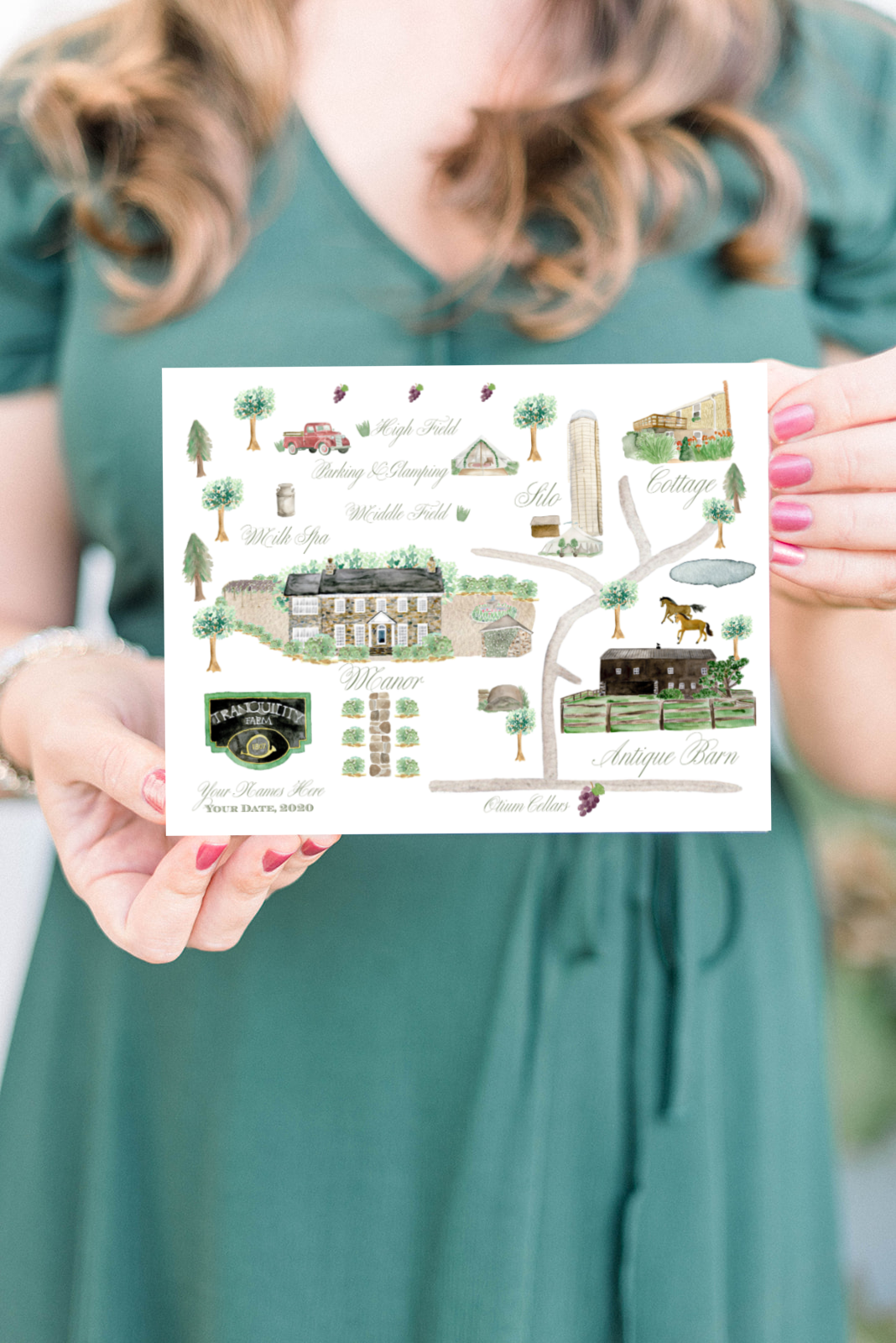 A custom watercolor map of Tranquility Farm in Purcellville, VA by Alicia Betz of The Welcoming District.