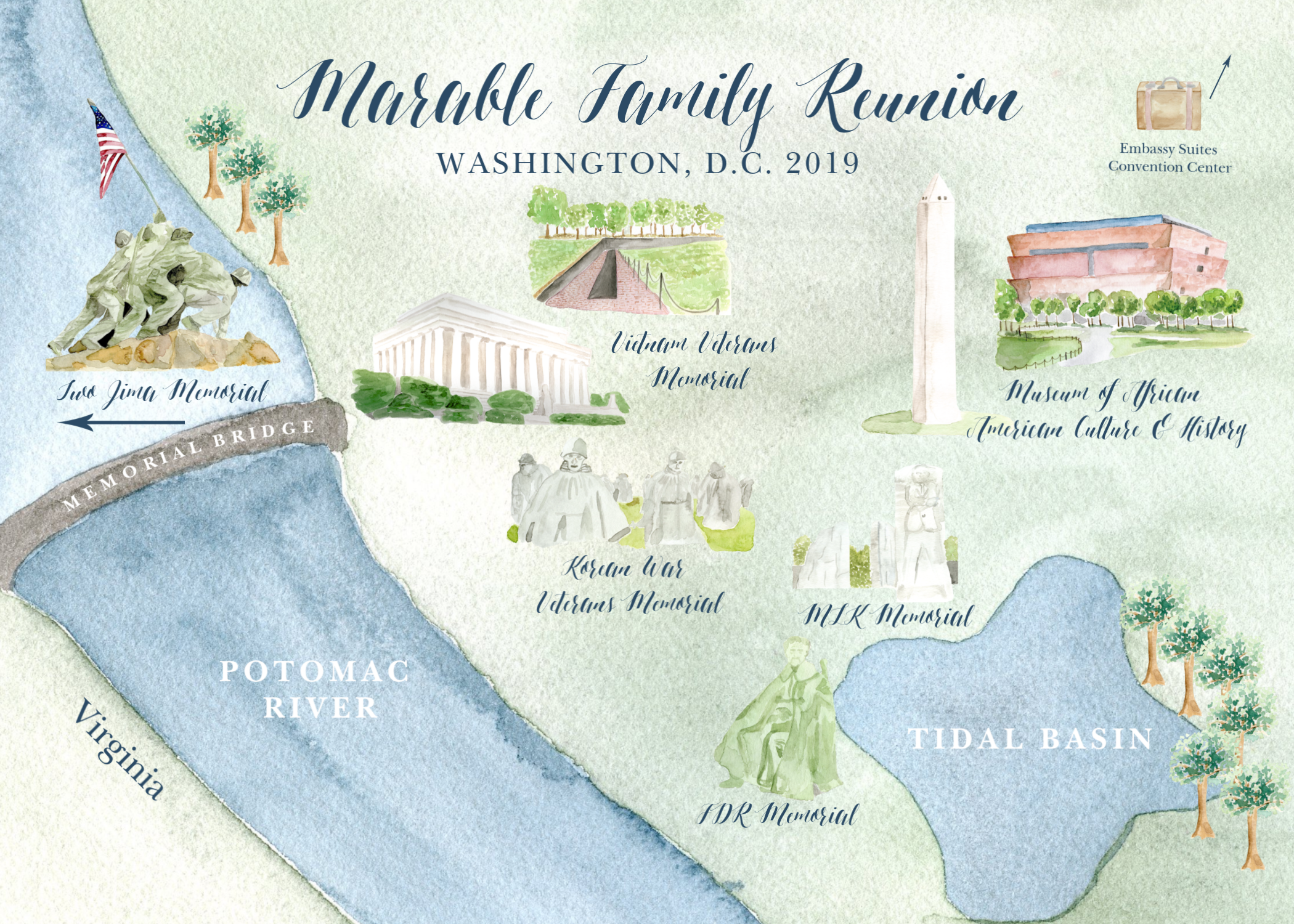 A custom Washington DC watercolor map for the Marable family reunion.