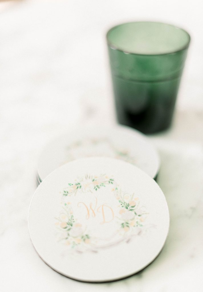 Watercolor wedding crest coasters by The Welcoming District.