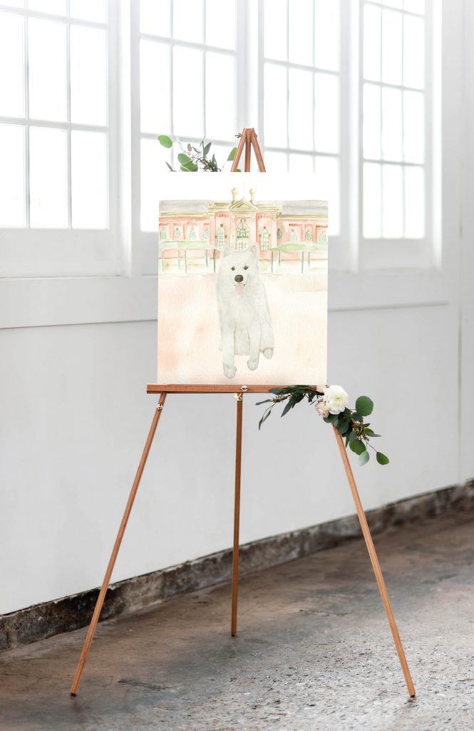 A watercolor dog portrait of a Samoyed by Alicia Betz of The Welcoming District. This custom artwork is hand-painted and digitized so it can be applied to sweet welcoming details like this sign.