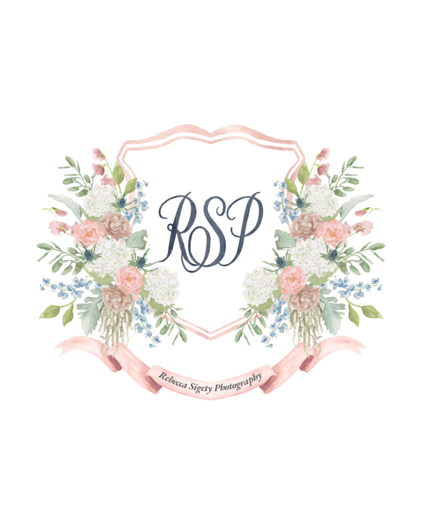 A watercolor crest logo for Rebecca Sigety Photography painted by Alicia Betz of The Welcoming District.