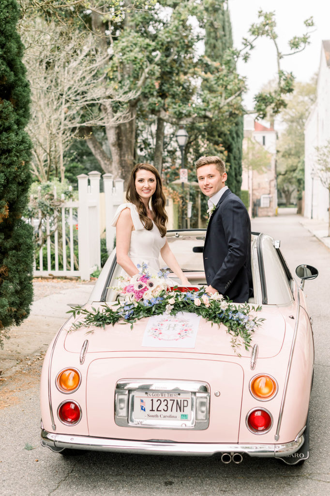 A watercolor wedding crest flag on The Pink Figgy in Charleston, SC.