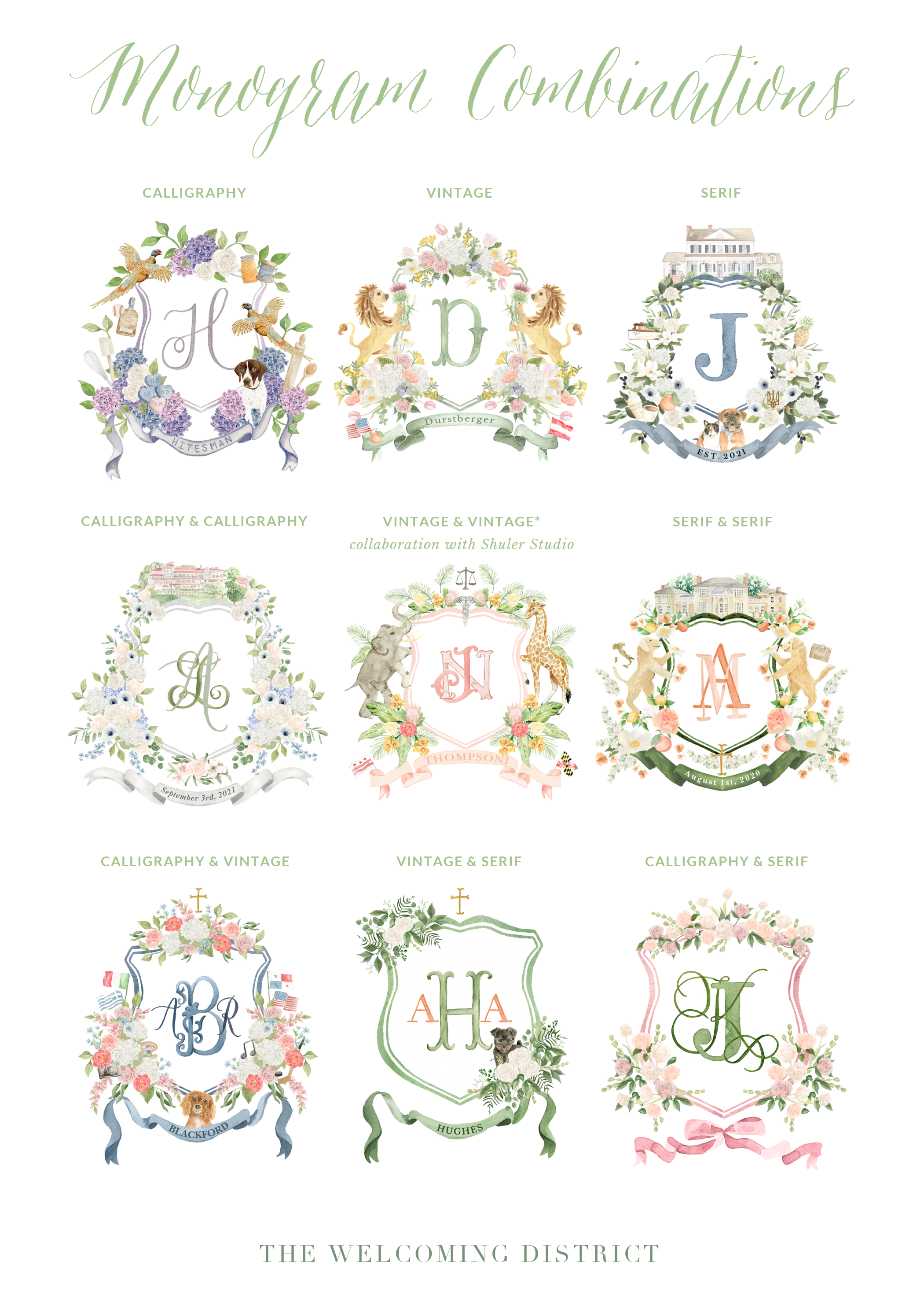 Three different types of lettering styles are used inside each watercolor crest: calligraphy, vintage, and serif. Mix and match them for a unique look of your own! Designs by watercolor artist, Alicia Betz, of The Welcoming District.