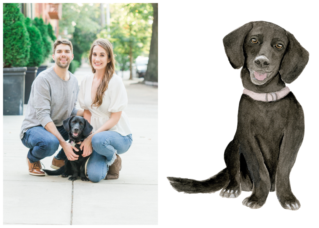 On the left, and engagement photo of the couple and their Bassador, Luna. On the right, her watercolor pet portrait by Alicia Betz of The Welcoming District.